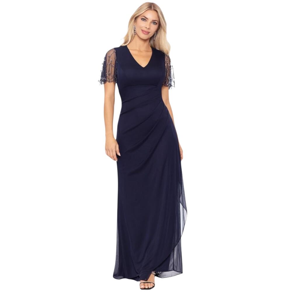 Xscape Formal Evening Gown 14P Petite Navy Mother of Bride Wedding Party Dress